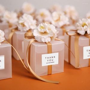 Enrolamento de presentes 10-50pcs Caixa transparente de casamento para hóspedes de fita artificial de fita de flor artificial Dragees Matte Baptism