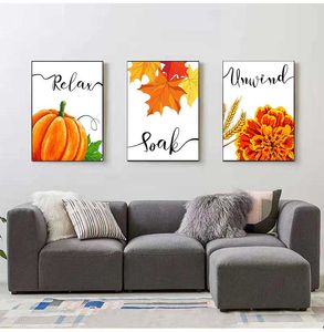 Fall Color Pumpkin Maple Leave Wheat Orezes Pintura de tela Relax Soak Upind Breathe Letter Carta Poster Decoração de arte da parede da parede