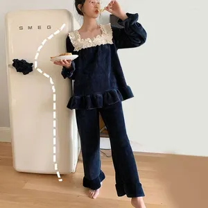 Abbigliamento da casa Vintage Spesso in pile spessa Set di pigiami da donna Eleganti abiti da sonno a maniche lunghe blu