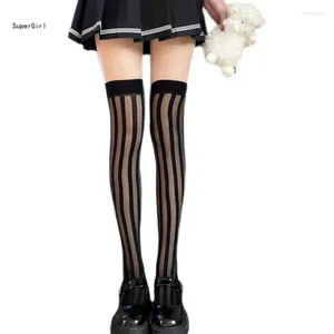 Women Socks Over Knee Thigh High Long Tube Stocking Dark Vertical Stripe Leggings Sock