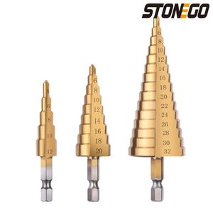 STONEGO Titanium Coated 1/4" Hex Shank Step Drill Bit 4-12mm/4-20mm/4-32mm HSS Cone Hole Cutter for Metal, Wood, Plastic -1PC
