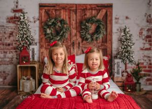 Weihnachten Kopfteil Backdrops Mädchen Kinder Porträt Fotografie Weihnachtsbäume Scheunentür Bett Holzbrett Hintergrund für Fotostudio