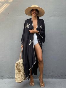 ボヘミアンブラック刺繍付き着物ビーチケープ女性水浴スーツカバーカーディガンパレオサマービーチウェアスーツカバーアップ