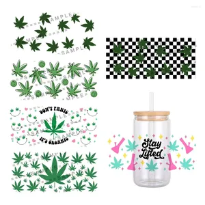 Gift Wrap Green Leaf Design Pattern UV DTF Transfer Sticker Waterproof Transfers Decals For 16oz Glass Cup Stickers