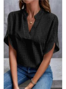 Women's Blouses Shirts Summer Solid Color V-neck Off-shoulder Womens Blouse Loose Tops 2024 Elegant Office Shirt New Fashion Black Top For Women 240411