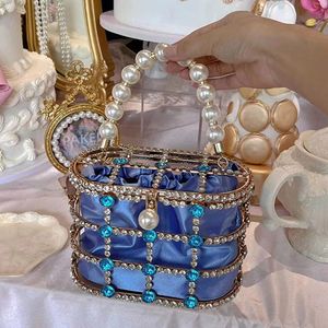 Rhinestone Stone Bucket Bag Evening Clutch Bags Women Hollow Out Preal Beaded Metallic Cage Handbags Ladies Wedding Party Purse