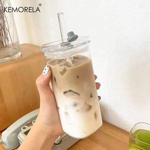 Vinglas 1/2pc fyrkantig värmebeständig kaffeglaskopp med lock och halm transparent mjölk te juice mugg för hemma bar dricksvaror