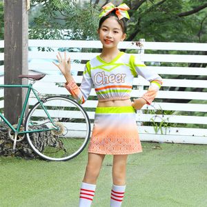 Ny tjejpojke cheerleading enhetlig barn glittrande strass tryck långärmad cheer dance öppen navel show kostym med socka