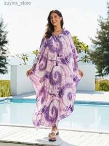 فساتين أساسية غير رسمية 2024 SUMER PURPLE BOHO المطبوعة V-DEACE TASSEL CAFTAN REOPE ROBE MOO Dress Beachwear House Dresses Q1604 L49