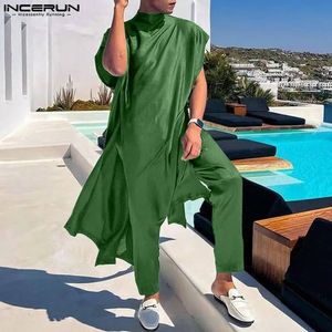 Men Sets Solid Color O-neck Sleeveless Kaftan Muslim Shirt Pants 2PCS Islamic Arabic Clothing Mens Suits S-5XL INCERUN 240402