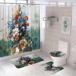 Duschvorhänge Vintage Blumenölmalerei Vorhang Set Set Nicht-Schlupfteppich Teppich Toilettenabdeckung Bad Matte Blumen Schmetterling Kunst Badezimmer