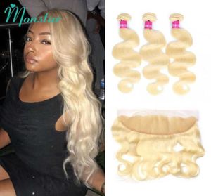 Mänskligt hår Capless Wigs Monstar Remy Blonde Color Hair Body Wave 2 3 4 Bunds med 13x4 Ear till Ear Spets Frontal Stängning BRAZILIAN3149457