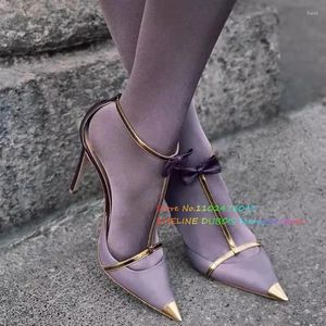 Dress Shoes Purple Metal Pointy High Heels Sandals Women Fashion Bowknot T-strap Stiletto Lady Elegant Summer Sexy Single