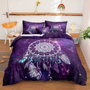 Dream Catcher Duvet Cover Set Purple Bedding Set Chic Boho Mandala Floral Feather Design Galaxy Comforter Cover Set Queen Size