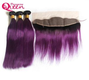 T1b Purple Color Straight Ombre Brasilian Virgin Human Hair Extensions 3 Bunds med 13x4 öron till öron spetsar frontala stängning preplu1516894