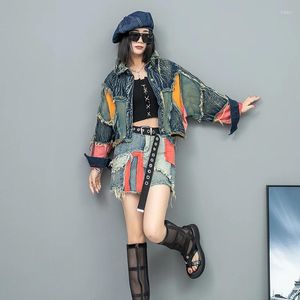 Casual Dresses 2st Street Wear Patchwork Denim Set Colorblocked Sparched Short Jeans Coat Oregelbundna kjol Kvinnor Hög vintage -kit