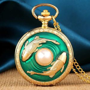 Pocket Watches Top Luxury Golden Pisces Necklace Quartz Pocket Vivid Fish Pearl Pattern Fob Chain Green Pendant Constellation Clock Gifts Y240410