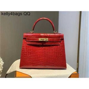 Designer Handbag Crocodile Leather 7A Quality äkta handswen -väskor sydd 28 cm Real Red Color Detalesqq21yu