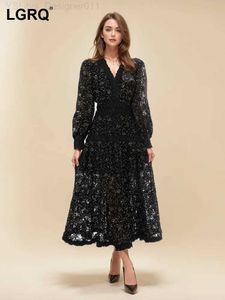 Urban Sexy Dresses LGRQ Fashion Hollow Brodery Splicing Dress Lantern Black Flare Dress Womens Lace Party Dress Spring 2024 Ny C240411
