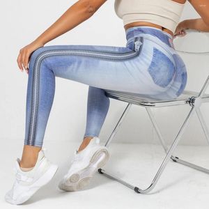 Aktive Hosen Frauen Sport treibt Leggings Strumpfhosen für das Digital gedruckte Denim -Yoga -Lauftraining und Übungen Fitness des Fitnessstudios