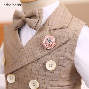 Byxor barn formell skjorta +väst +byxor +slips båge +corsage 5st kläder set pojkar kostym för bröllop gentleman barn festklänning kostym