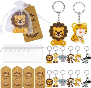 30 Sets Zoo Animals Party Favors Safari Animal Keychains with Thank You Tags Organza Bags for Baby Shower Birthday Party Decor