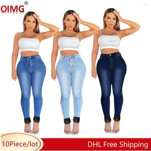 Kvinnors jeans 10st grossistkvinnor hög midja denim byxor casual mager tofsels byxor mode blått stretchy slim blyertsbyxa 8231