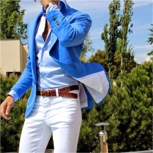 Abiti da uomo uomini causali giacca blu pantalino bianco tacca bavaglio smoking maschile blazer da sposa da sposa indossare 2 pezzi (pantalone giacca)