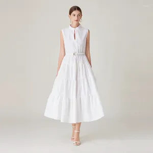 Casual Dresses Elegant Summer White Holiday Long Dress 2024 Runway Women Stand Collar Hollow Out Sleeveless Tank Ladies Swing Maxi Vestidos