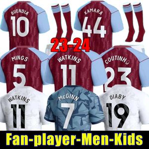 23 24 Aston Villas Maglie da calcio Kit per bambini 2023 2024 Shirt da calcio che allena a casa Versione dei fan del giocatore Camisetas Mings McGinn Buendia Watkins Maillot Foot