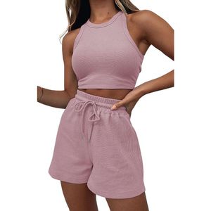 2024 Tracksuits Summer New Sleeveless Waffle Set Solid Color Tank Top Fashion Casual Short 2-piece Set For Women 12 Colors