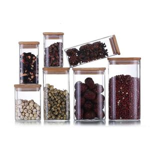 Squared Transparent Glass Food Storage Jar With Lid Tea Coffee Beans Container Snack Nuts Sealed Box Kitchen Organizer 240411