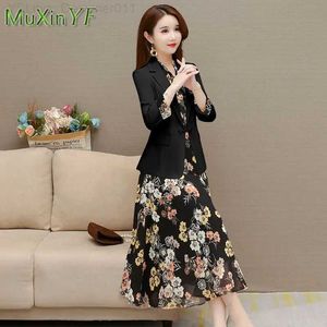 Tvådelad klänning Koreansk elegant affärsdräkt 2024 Vår/sommar Slim Fit Set Two Piece Womens Super Size Set Flower Midi Dress Set C240411