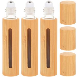 Garrafas de armazenamento 3 PCs Bamboo Roller garrafa Óleo de vidro Perfume de aço inoxidável Recipientes de viagem líquidos