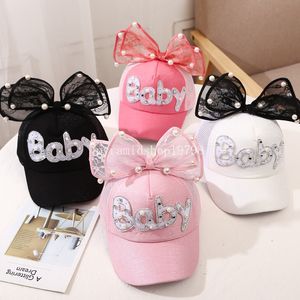 Summer Baby Girl Baseball Cap Large Bow Letter Peaked Hat for Toddler Solid Color Breathable Mesh Kids Sun Hats