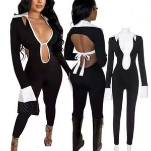 Sexy Jumpsuit Onepiece Damen Patchwork Hohlausläufe für Frauen 2024 Neue Mode Strumpfhosen Deep V Backless Streetwear Skinny Strampler Bodysuit