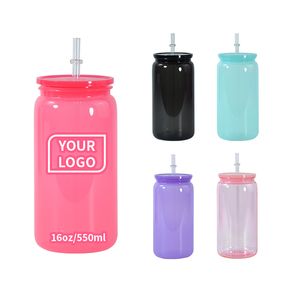 BPA Free 16oz Acrylic Libbey Transparent Plastic Can With Straw Mason Jar Cups Single Wall 5 Colors Beer Can Mugs For UV DTF Print Juice cup