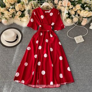 YuooMuoo Chic Fashion Polka Dot Print Women Dress Summer Elegant Vintage Bandage Slim Waist Big Swing Long Party Dress 240408