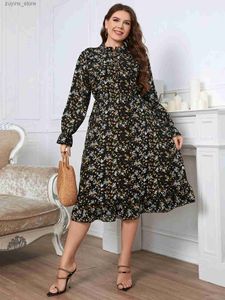 Basic Casual Dresses Elegant Fashion Midi Women Casual Dress Round Neck Collar Lady Puff Sleeve Floral Plus Size Clothing L49