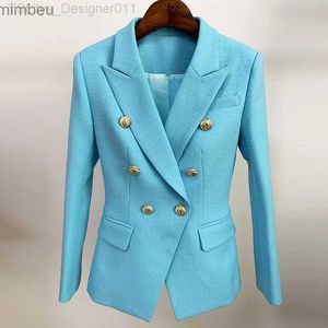 Kvinnors kostymer Blazers High Street nyaste 2024 Runway Designer Blazer Women's Classic Lion Buttons Double Breasted Slim Montering Textured Blazer Jacket C240411