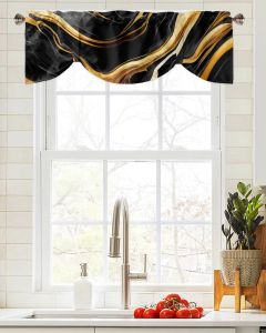 Marble Gold Texture Black Kitchen Valance Curtain Window Valance for Living Room Bedroom Tie Up Valance Curtain