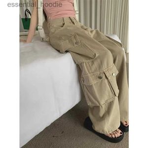 Women's Jeans Korean Vintage LTI Pocket Loose Casual Jeans Womens 2023 Autumn New High Waist Solid Color Full Matching Jeans C240411