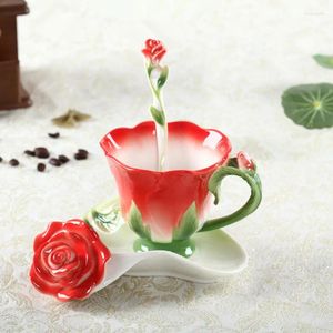 Cups Saucers 3D Rose Enamel Coffee Cup Tea Milk Set With Spoon Saucer Creative Ceramic European Bone China Drinkware Friend Gif