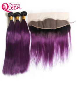 T1B Purple Color Dritta Ombre Brasilian Vergine Human Hair Extensions 3 bundle con chiusura frontale in pizzo da 13x4 a orecchio PreplU4917966