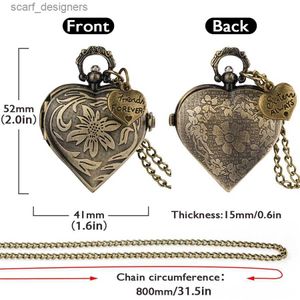 Pocket Watches Old Fashioned Bronze Love Heart-shaped Quartz Pocket es Pendant Clock with 80cm Necklace Chain with Heart Accessory Y240410IQV7