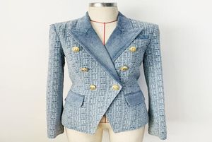 Högkvalitativ est modedesigner jacka kvinnor smala montering dubbelbröst lejonknappar geometriska denim blazer 2203037123392