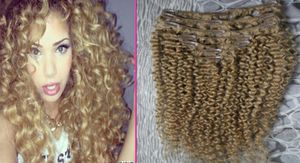 Clip biondo biondo dei capelli vergini brasiliani Bionda Kinky Ins 100g 7pcs clip ricci brasiliane in estensione dei capelli umani6010072