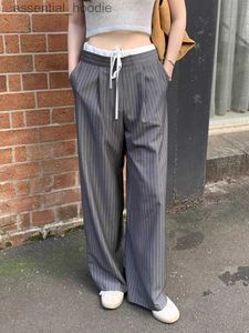 Calças femininas Capris de cintura alta calça listrada casual perna larga cinza calças personalizadas roupas de rua pantnes de jer coreano y2k bens c240411