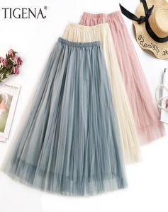 Tigena Basic Midi Long Tulle kjol Kvinnor 2019 Summer Korean Fashion Aline High midja Pleated kjol Kvinnlig rosa tutu Sun kjol Y198305316