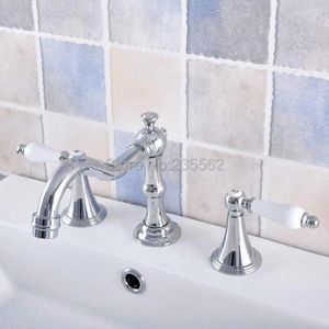 Bathroom Sink Faucets Basin Faucet Polished Chrome Widespread 3 Hole Deck Mounted Dual Handle Cold Water Mixer Tap Lnf542